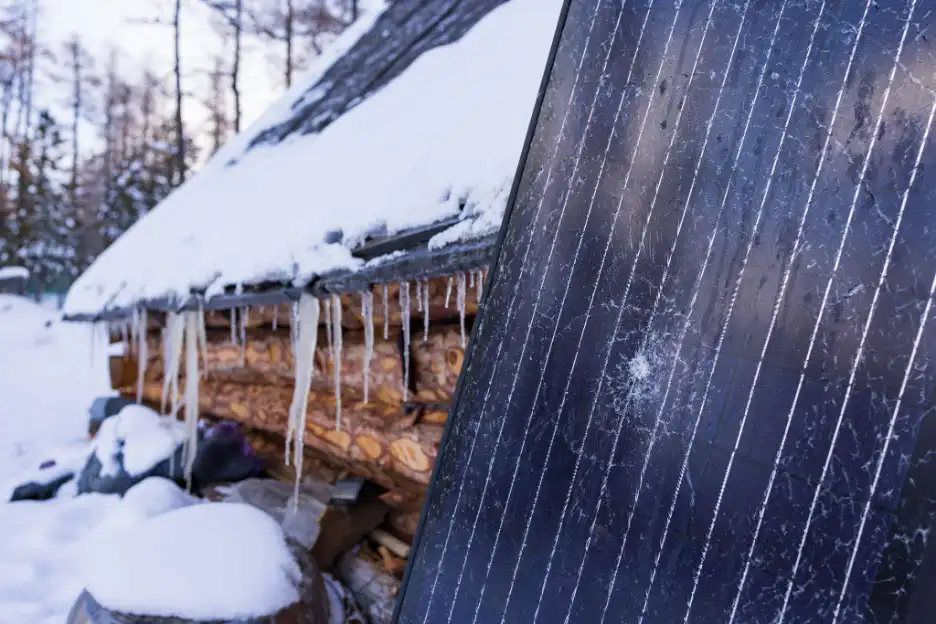 Solar panels covered with snow in winter