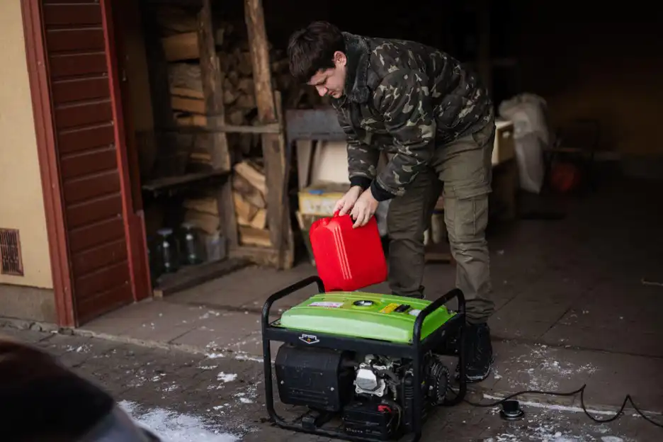 Man starting a petrol generator in the yard